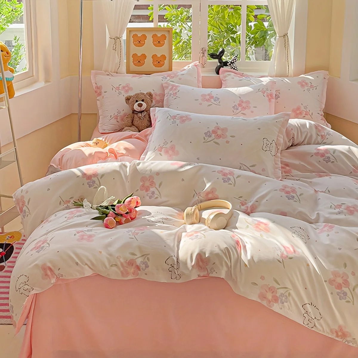 Duvet Cover Sets With Zipper - 4Pcs Set Sprei Motif Bunga Polos