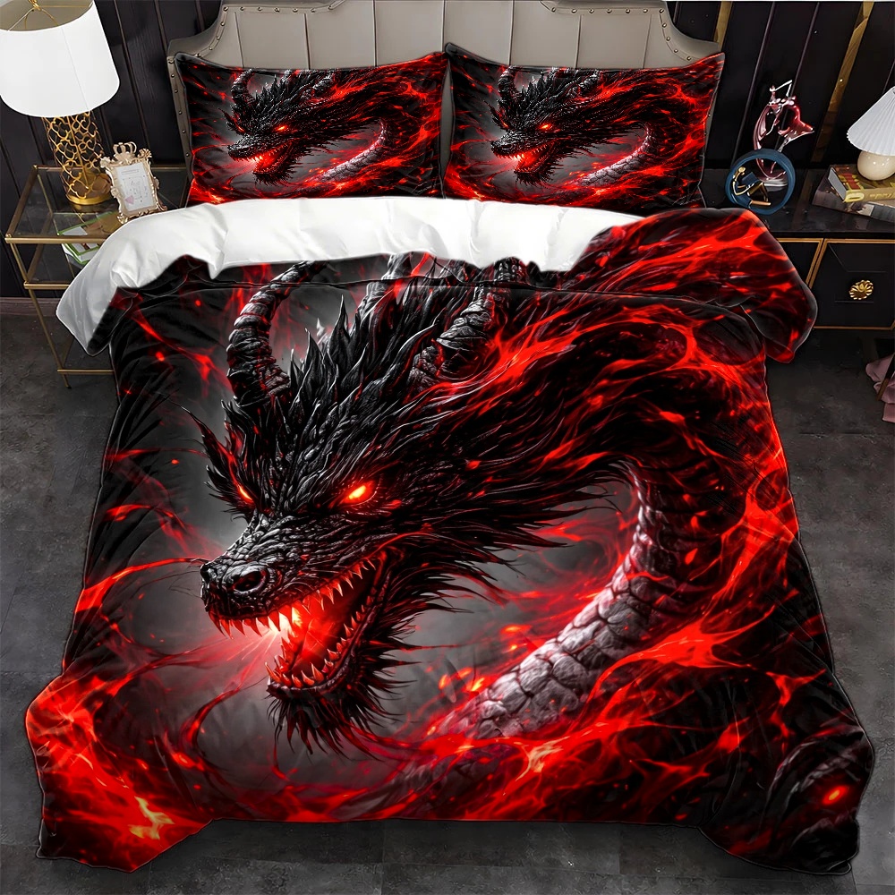 Duvet Cover Sets With Zipper - 3Pc Set Sarung Selimut Naga Hitam,