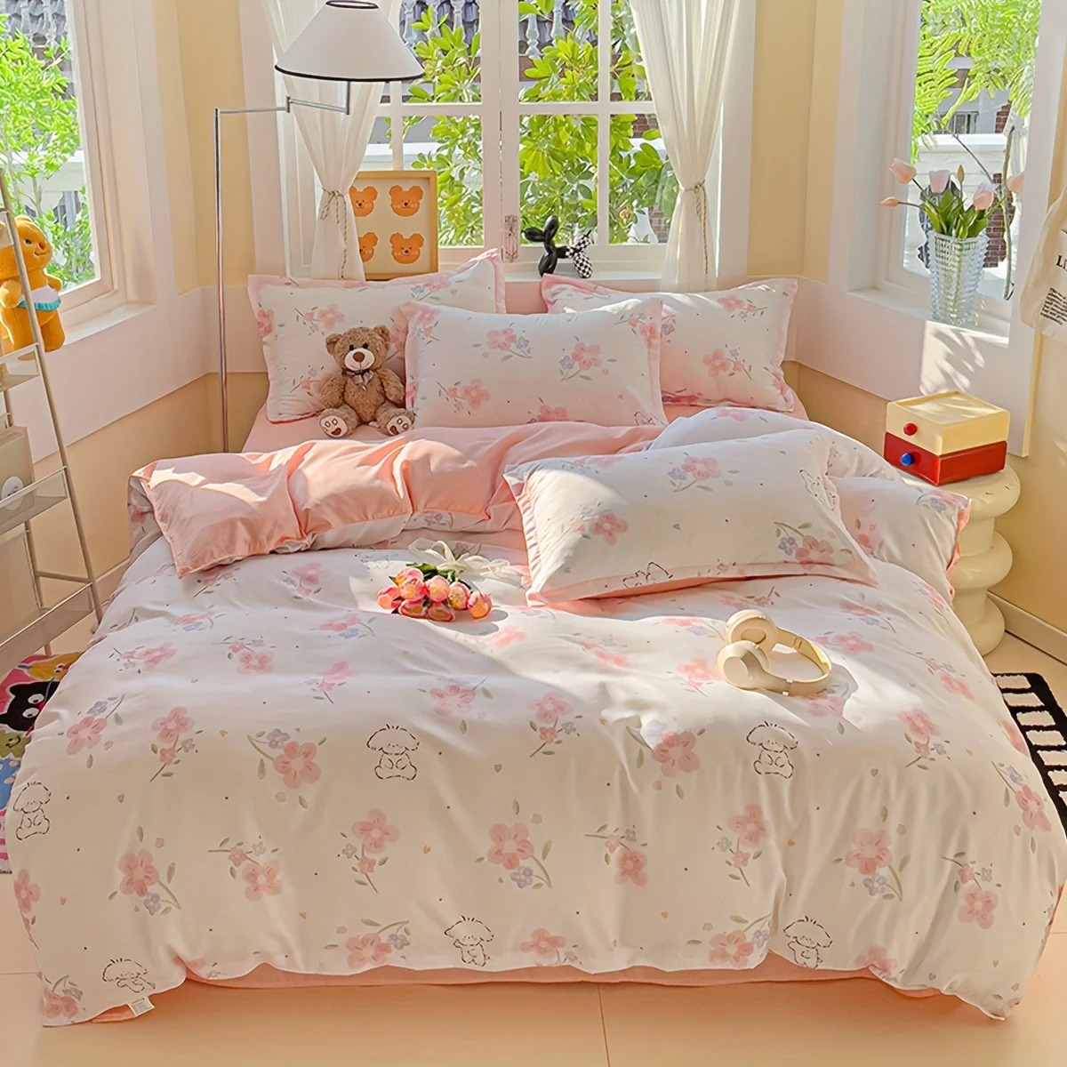 4Pcs Set Sprei Motif Bunga Pol - Duvet Cover Sets With Zipper ulasan dan harga